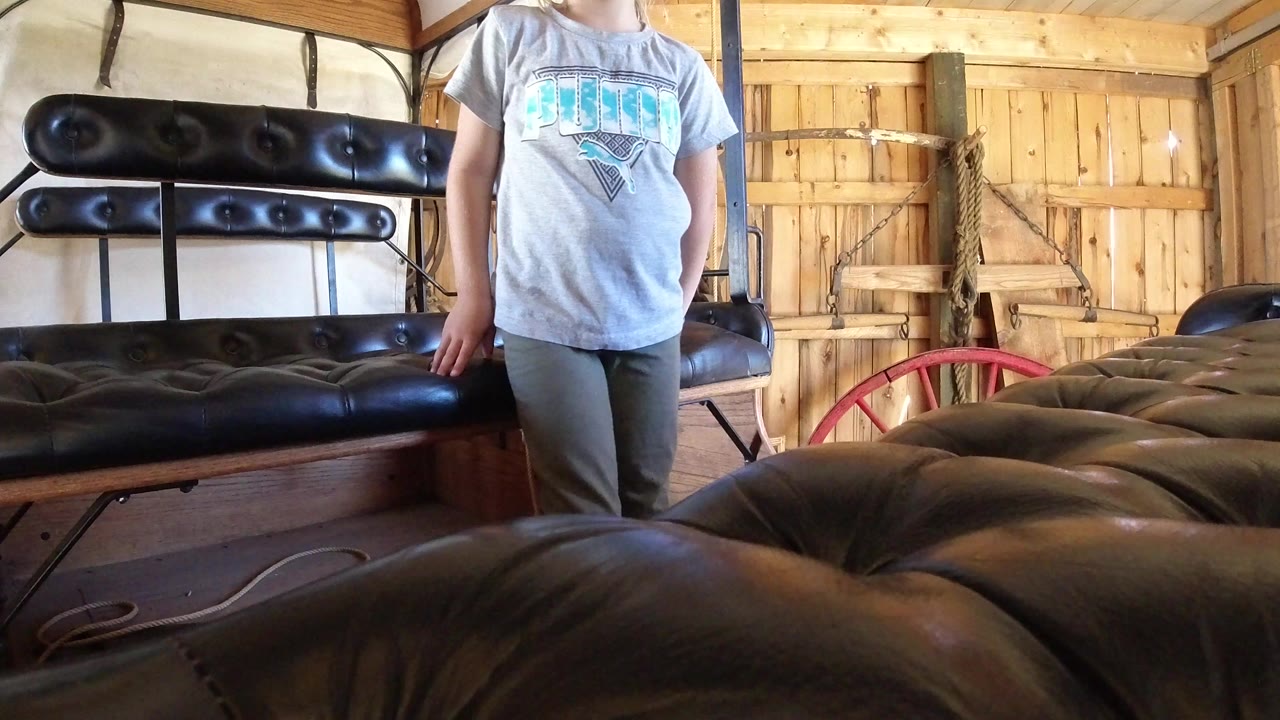 Low view across a black tufted padded surface toward a person in a gray shirt inside a wood-paneled room.