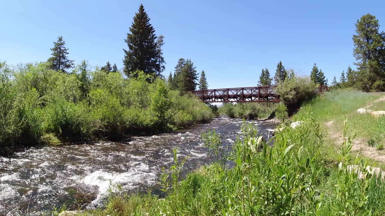 Fast shallow river with grassy bank and red bridge behind.
