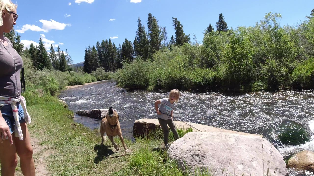 Woman, child, and dog beside a rocky riverbank