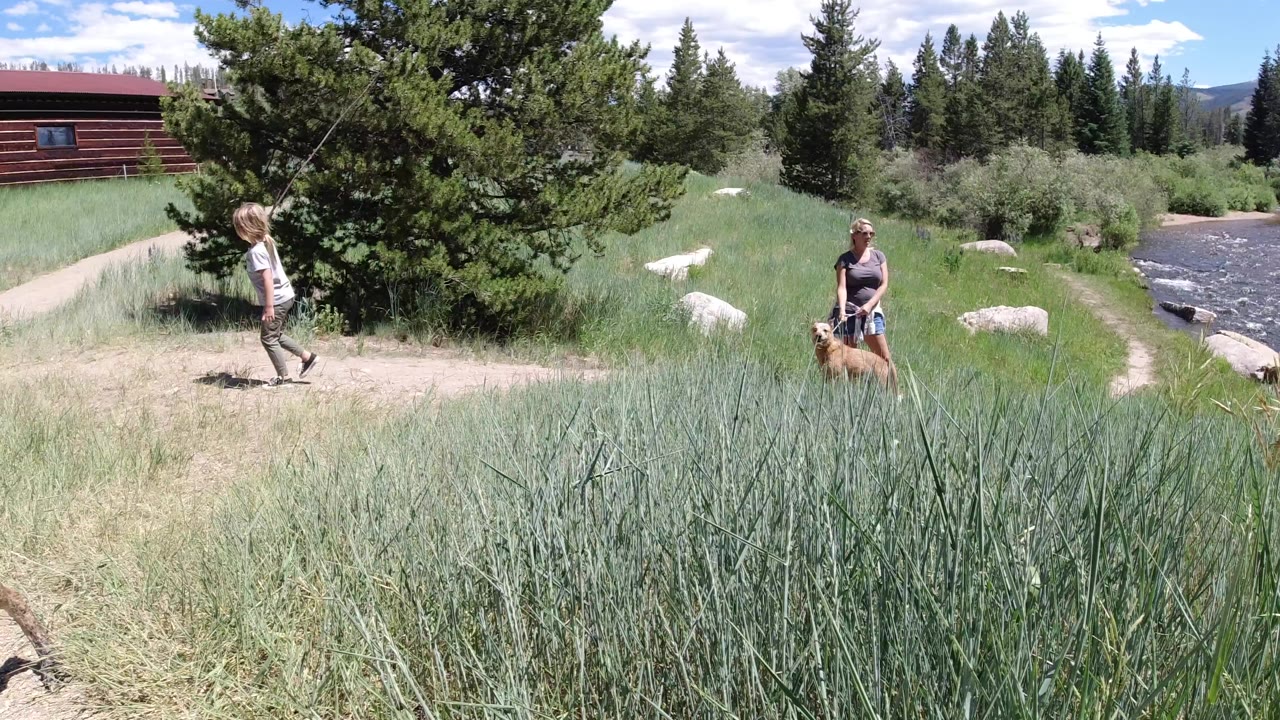 Child walking on a dirt path near a woman with a dog by a stream.