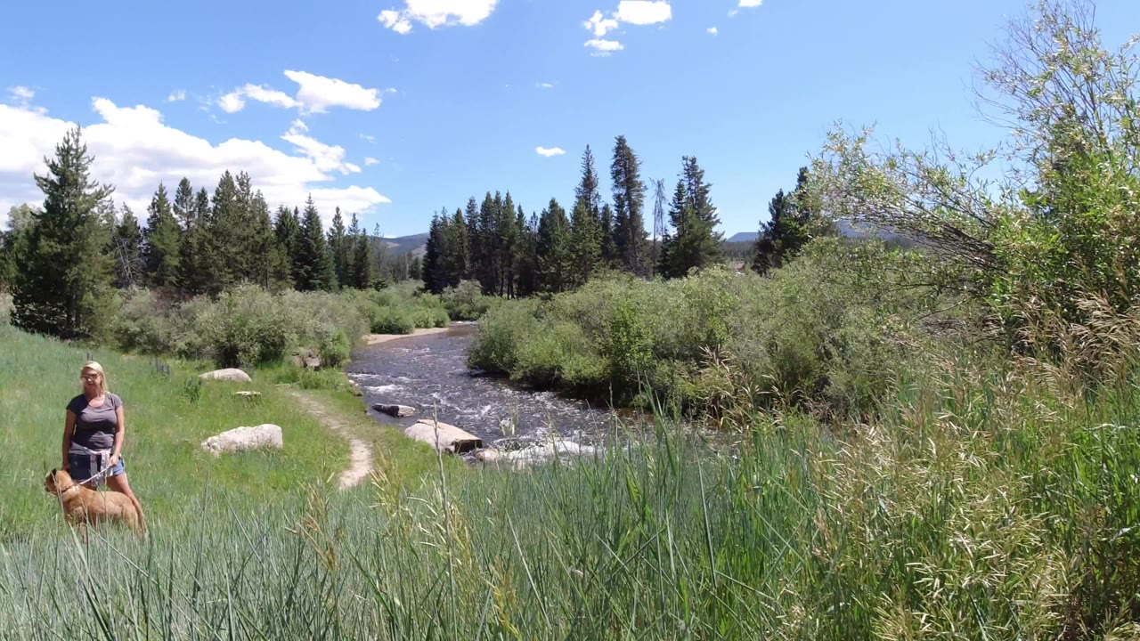 The woman and leashed dog remain near the left side of the frame as the river bends through grass and trees in Winter Park, Colorado.