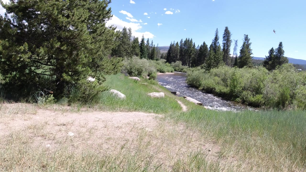 At 0:00, a rushing stream in Winter Park, Colorado curves past green grass, pale boulders, shrubs, and evergreen trees under a blue sky, with no visible people.