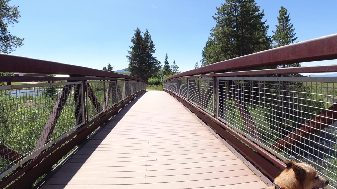 One second into the Winter Park, Colorado clip, the empty bridge deck runs straight ahead between red railings and wire mesh, with green vegetation and tall trees beyond and no visible people.