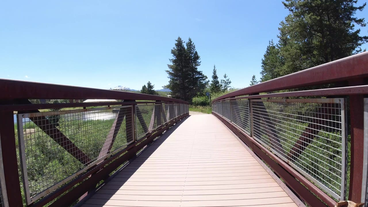 Opening view down an empty bridge walkway in Winter Park, Colorado, with red railings, wire mesh, evergreen trees, blue sky, and no visible people.