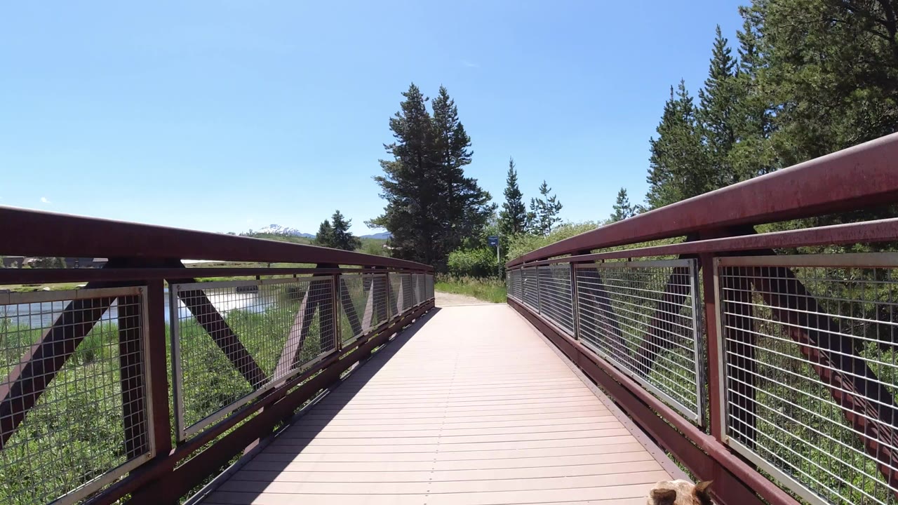 Pedestrian bridge with red railings leading toward trees under blue sky.