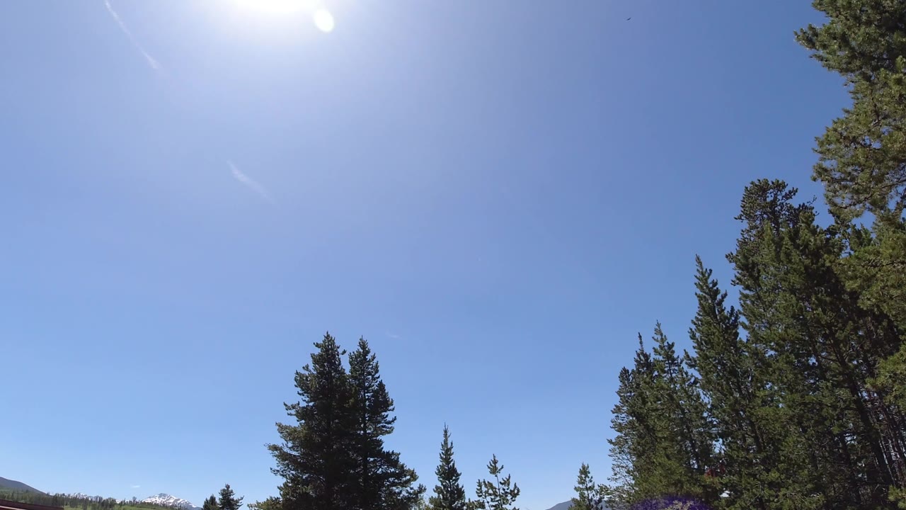 At 0:00 in Winter Park, Colorado, bright sun sits near the top edge over a clear blue sky, with evergreen treetops framing the lower and right edges and no visible people.