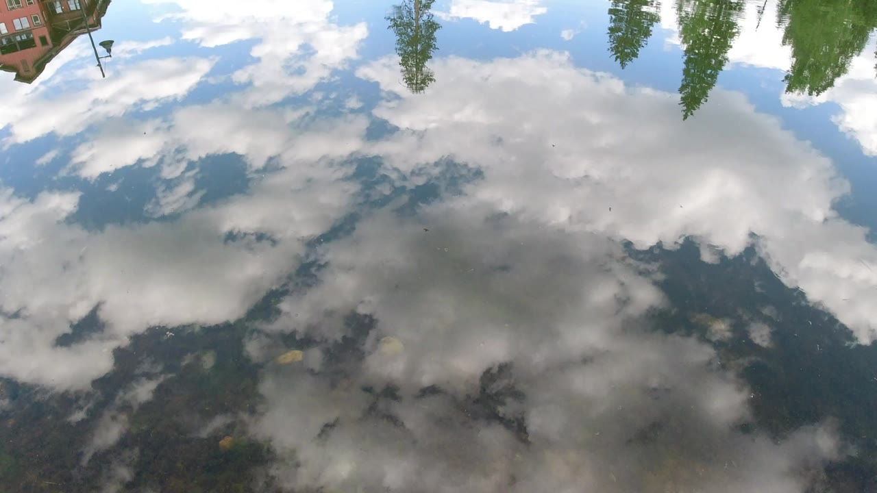 At 0:00, rippled water reflects large white clouds and blue sky in Winter Park, Colorado, with upside-down trees and a red building edge visible, no visible people.