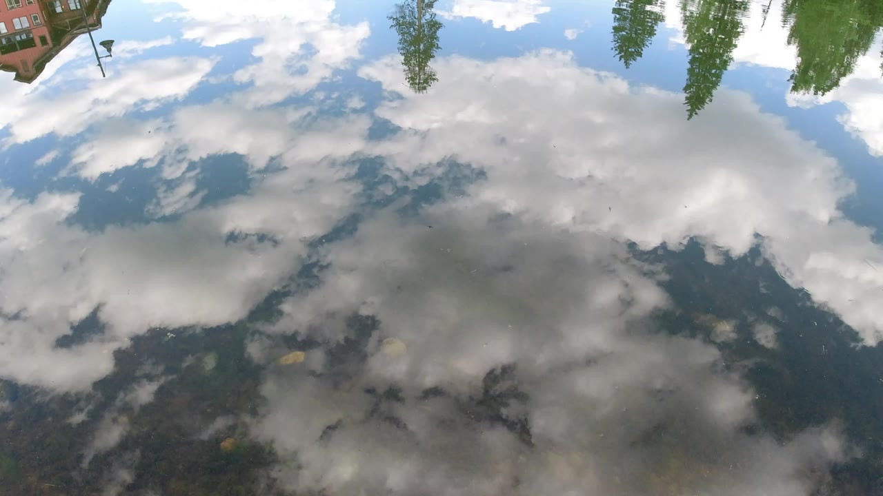 At 0:01, the water surface reflects broad white clouds and patches of blue sky in Winter Park, Colorado, with dark inverted treetops along the upper edge and no visible people.