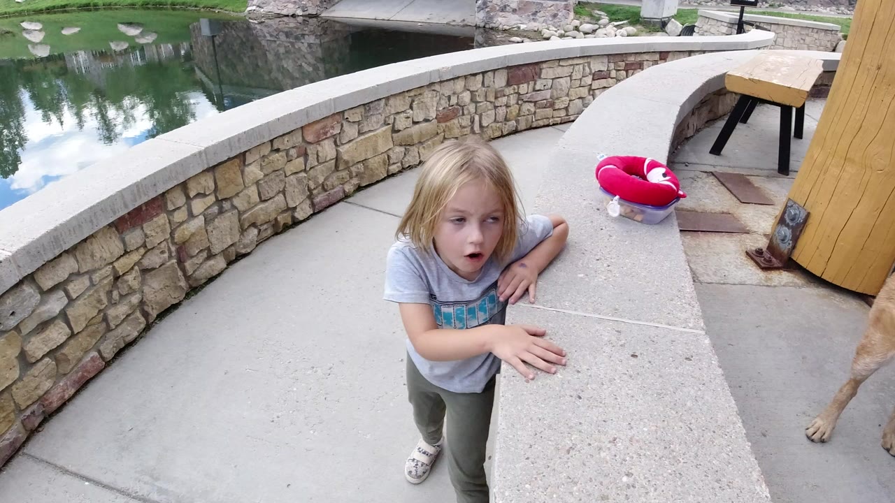 Blond child beside a curved patio ledge with a pond behind.