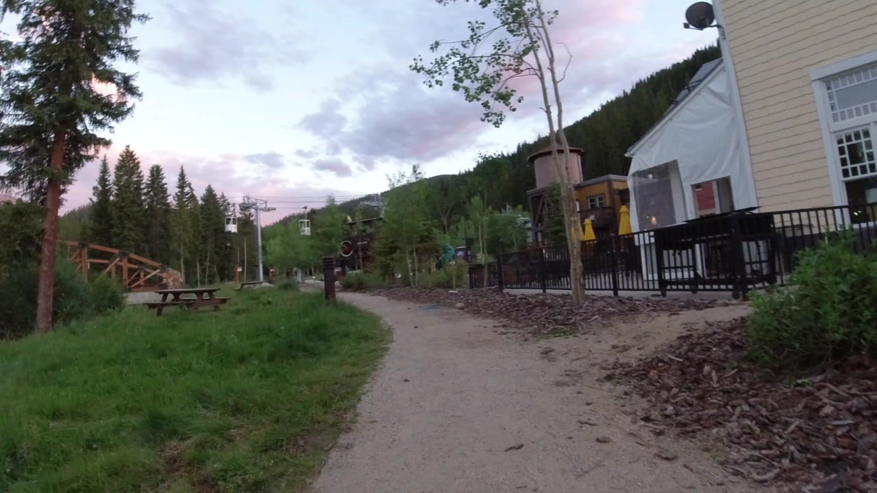 Curving path beside grass, trees, bench, railing, and buildings