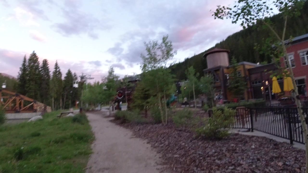Curving paved path beside greenery and a wooden bridge at dusk.