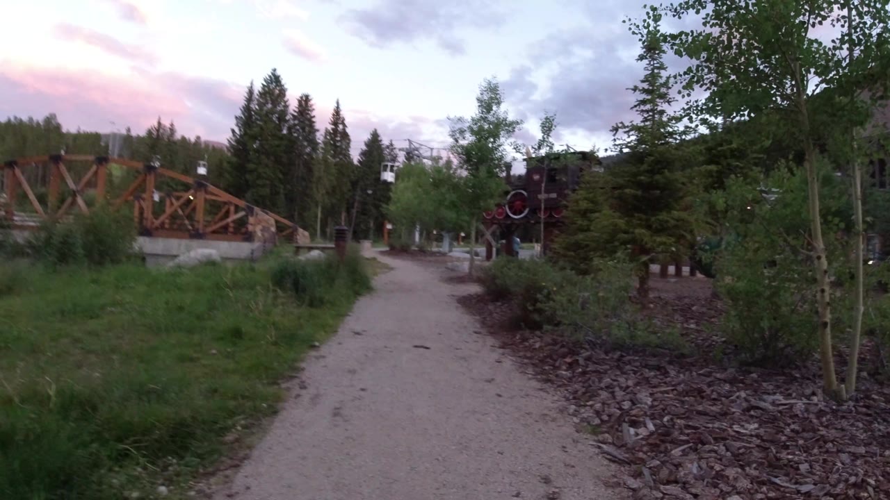 The path sits lower in frame as rocks and shrubs border the walkway, with the wooden bridge left of center, trees beyond it, and no visible people.