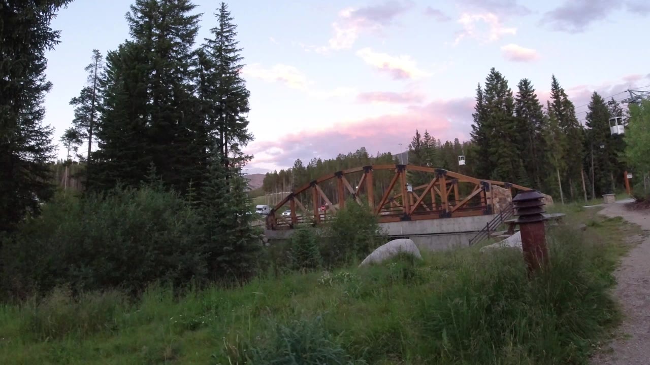 Wooden footbridge beside evergreens under pink evening clouds.