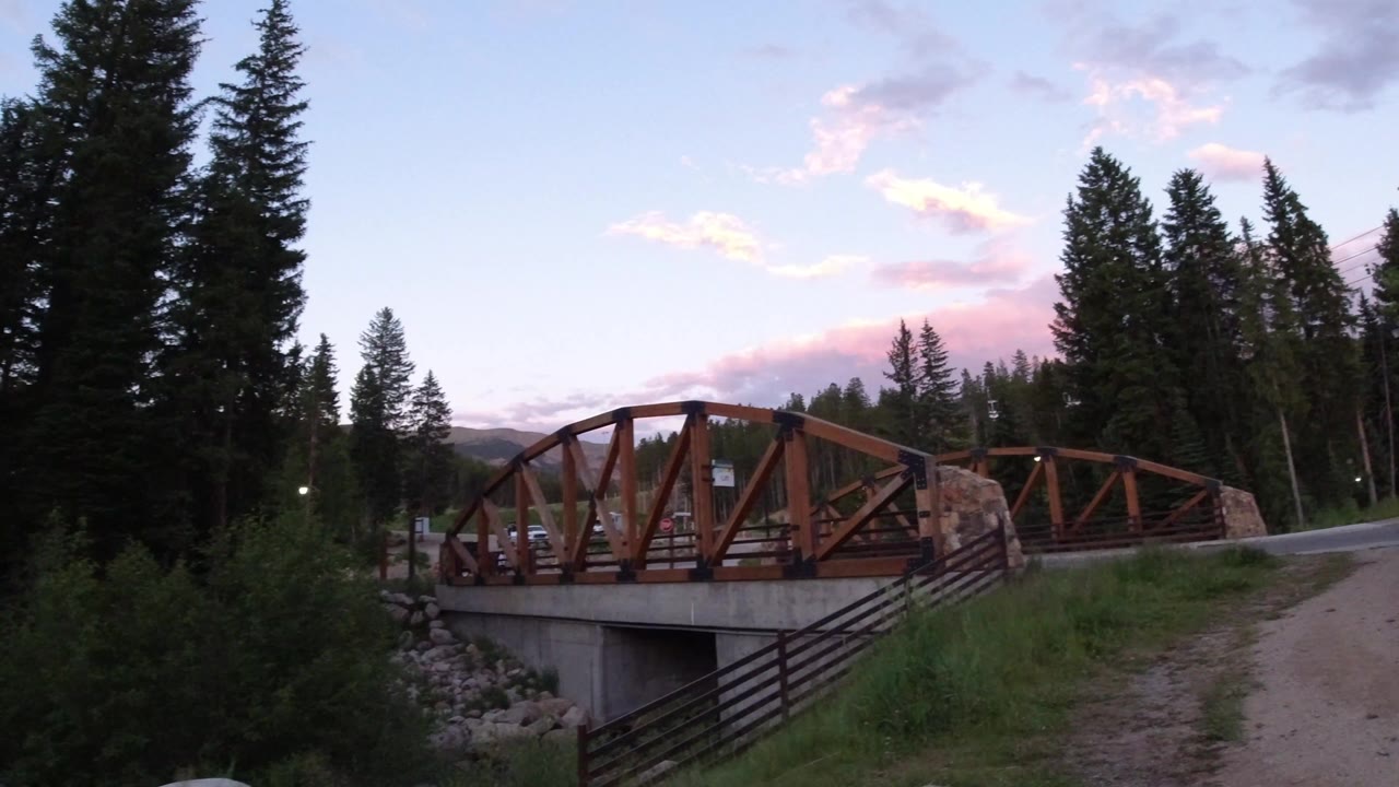 Wooden bridge beside a dirt path and evergreen trees at dusk.