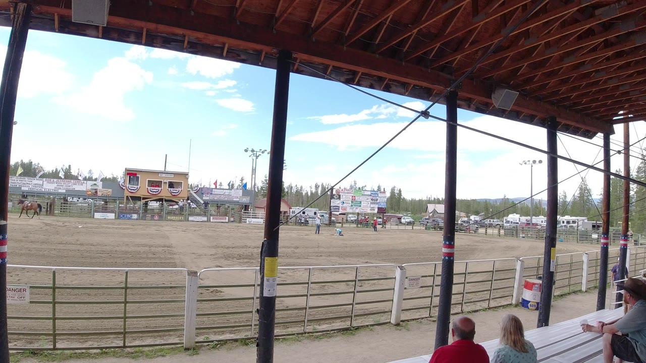 Winter Park, Colorado arena view with a few people in the foreground seats, open dirt in the center, and small riders and horses near the far fence.
