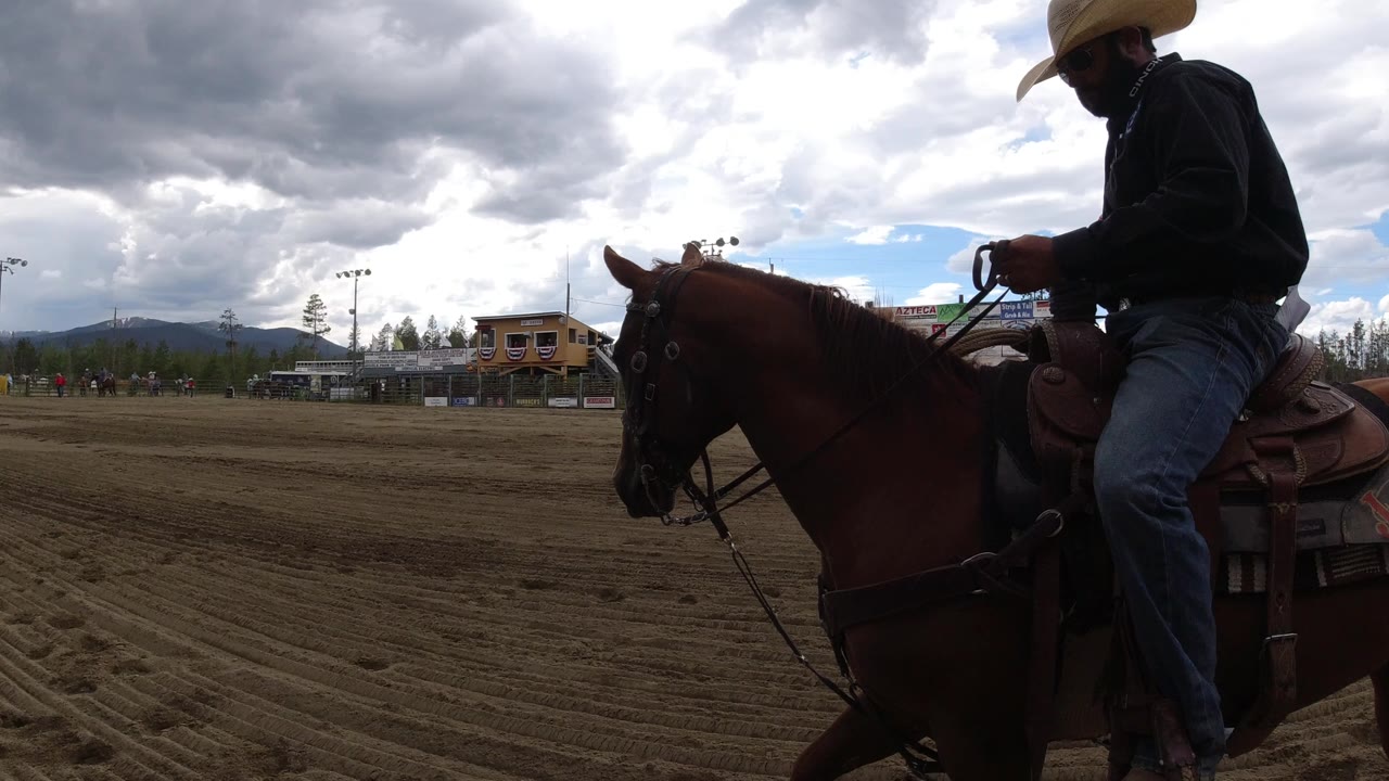 Hat-wearing rider on a horse beside a dirt arena.