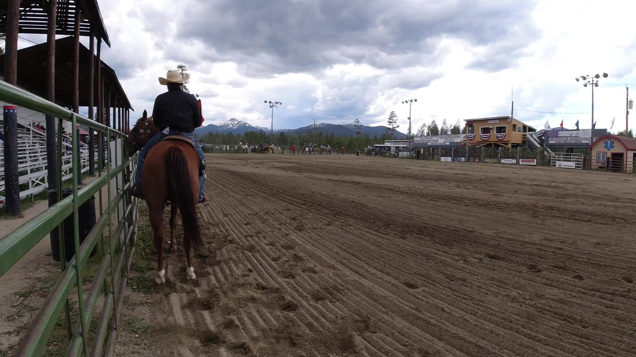 Rider on a brown horse beside arena railings under cloudy sky.