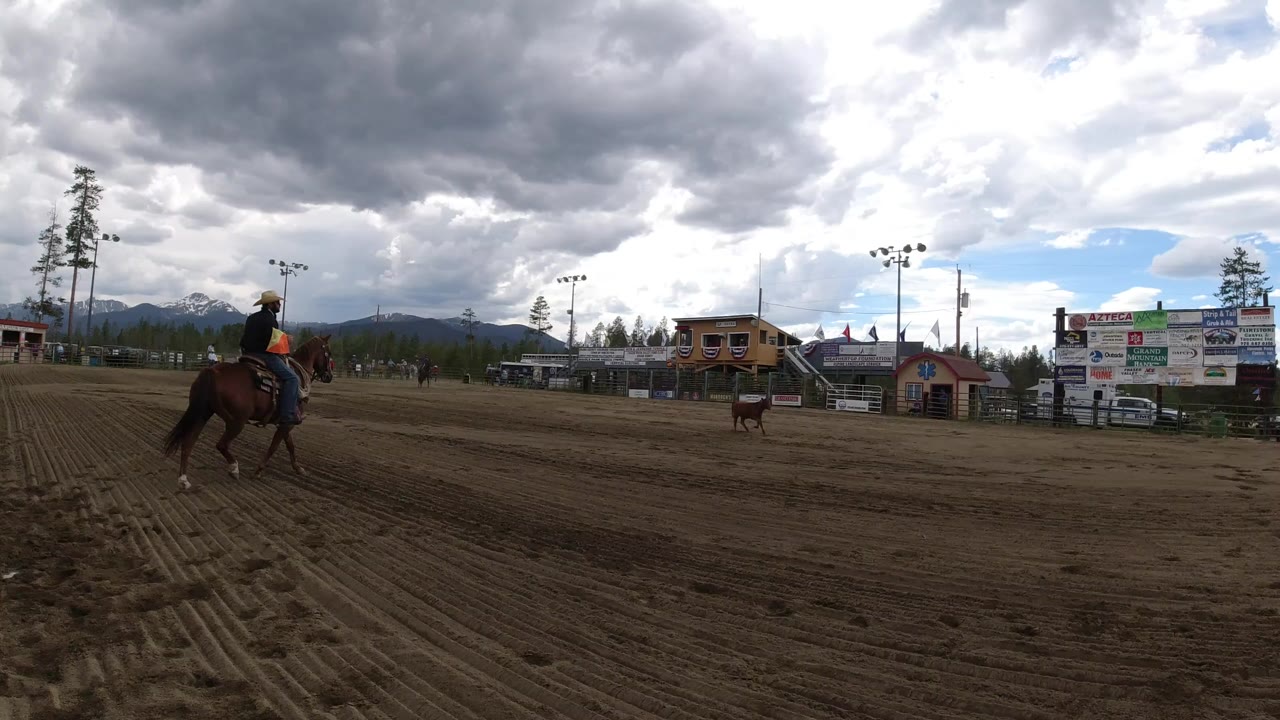 Mounted rider crossing a dirt rodeo arena with a calf ahead.