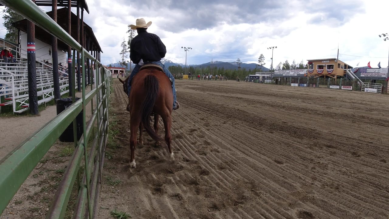 Rider and horse near arena fence with mountains behind