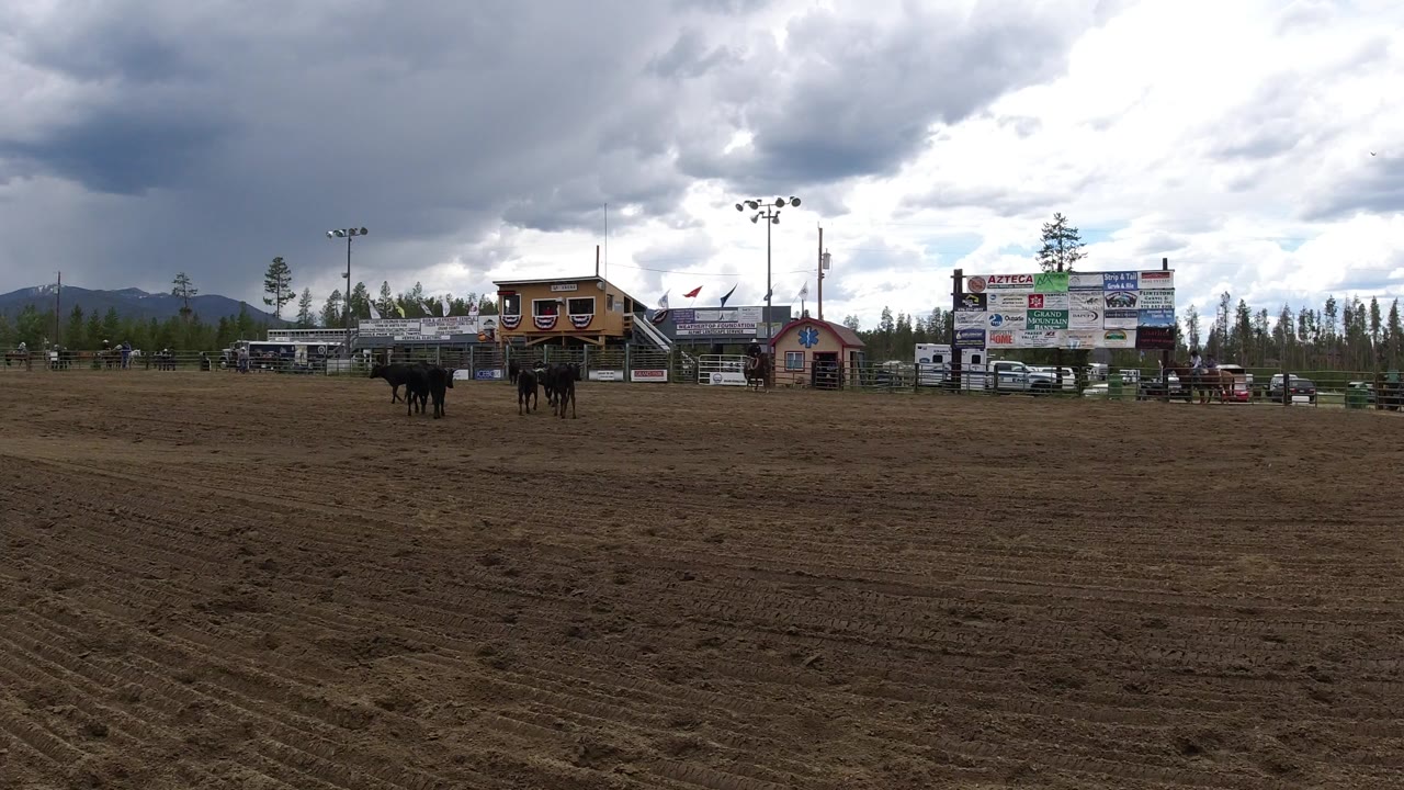 Wide dirt arena with cattle, bleachers, signs, mountains, and cloudy sky.