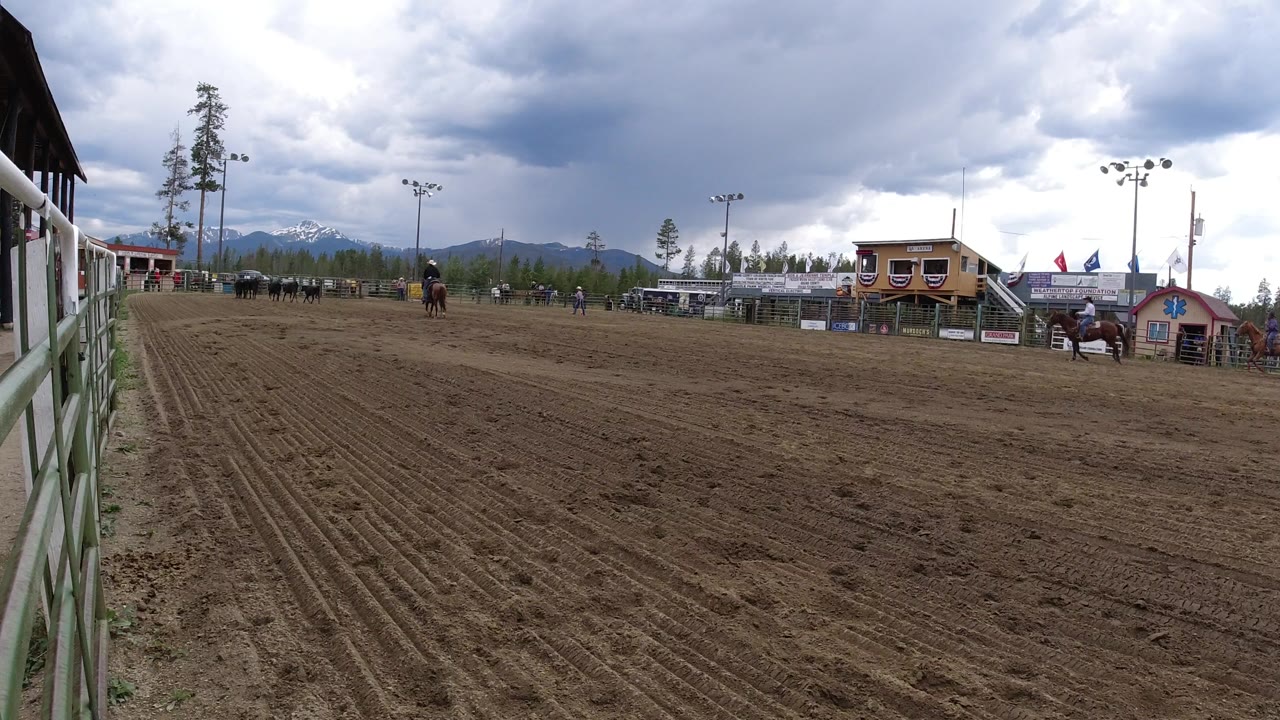 Wide view of a Winter Park, Colorado dirt arena with horseback riders in the distance, green fence at left, event buildings, light poles, cloudy sky, and mountains beyond.