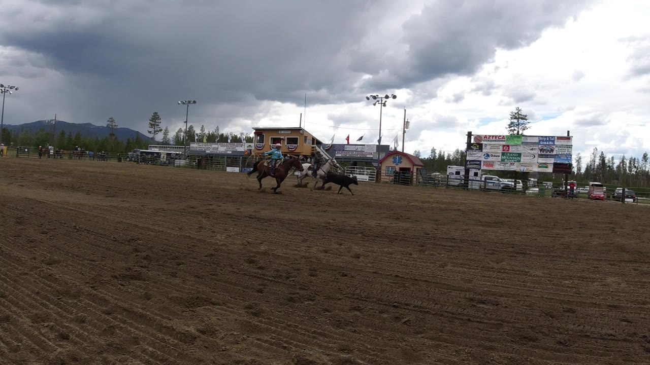 A rider on a brown horse follows a black steer across a sandy arena in Winter Park, Colorado, with sponsor boards, fencing, pine trees, and cloudy sky behind them.
