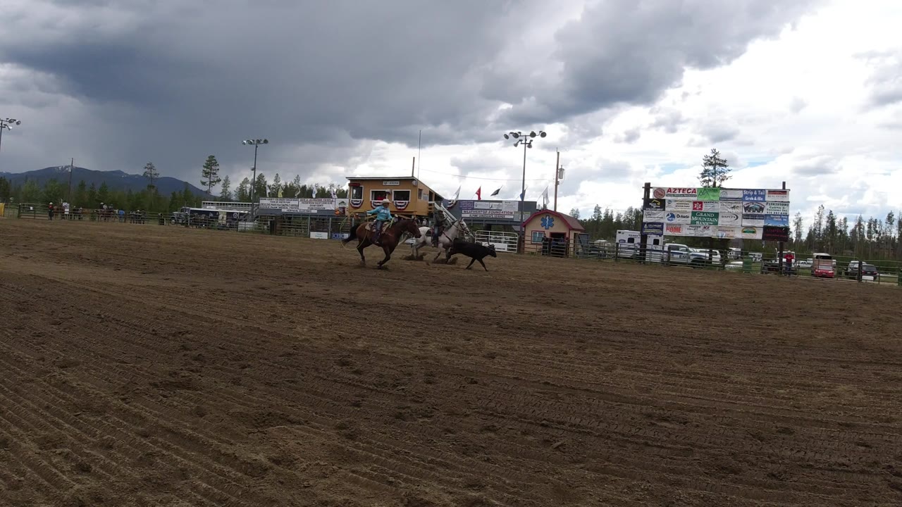 The brown horse and rider angle across the arena as the black steer runs ahead, with a scoreboard-style sign wall, vehicles, and a small booth in the Winter Park background.