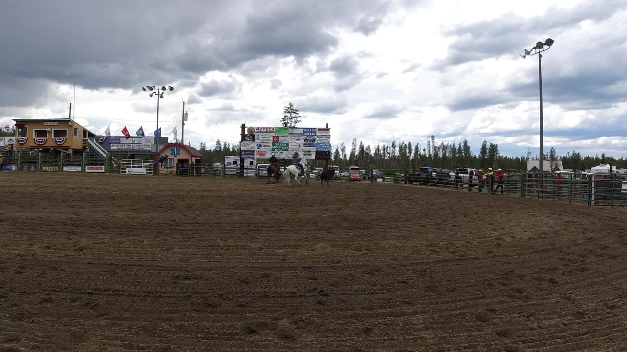Wide dirt arena with horses, fencing, buildings, signage, flags, trees, and overcast sky.