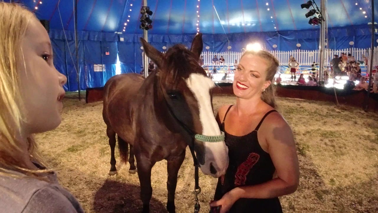 In Broomfield, Colorado, the girl's profile fills the left foreground as the horse faces camera and the smiling woman stands to the right under the blue tent canopy.