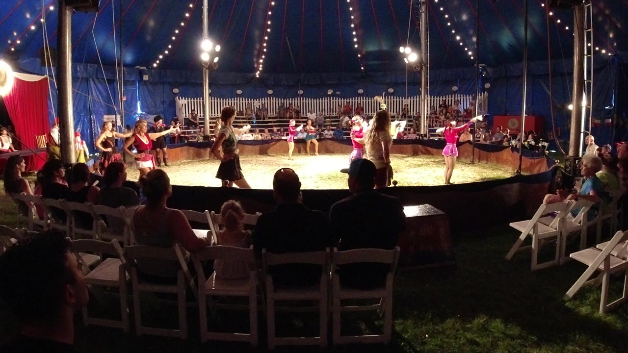 Children in pink costumes dance in a circus tent as spectators watch from white chairs.