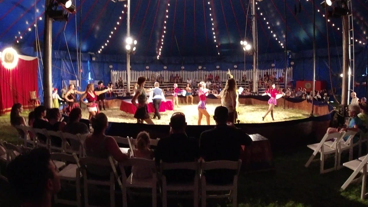 Audience watching performers inside a lit circus tent.