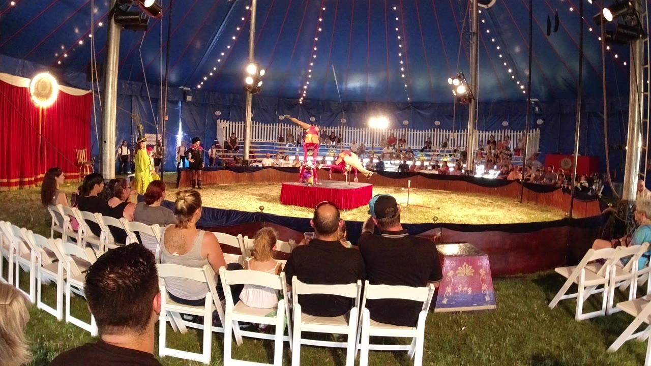 Audience seated in a circus tent watching performers on a red platform.