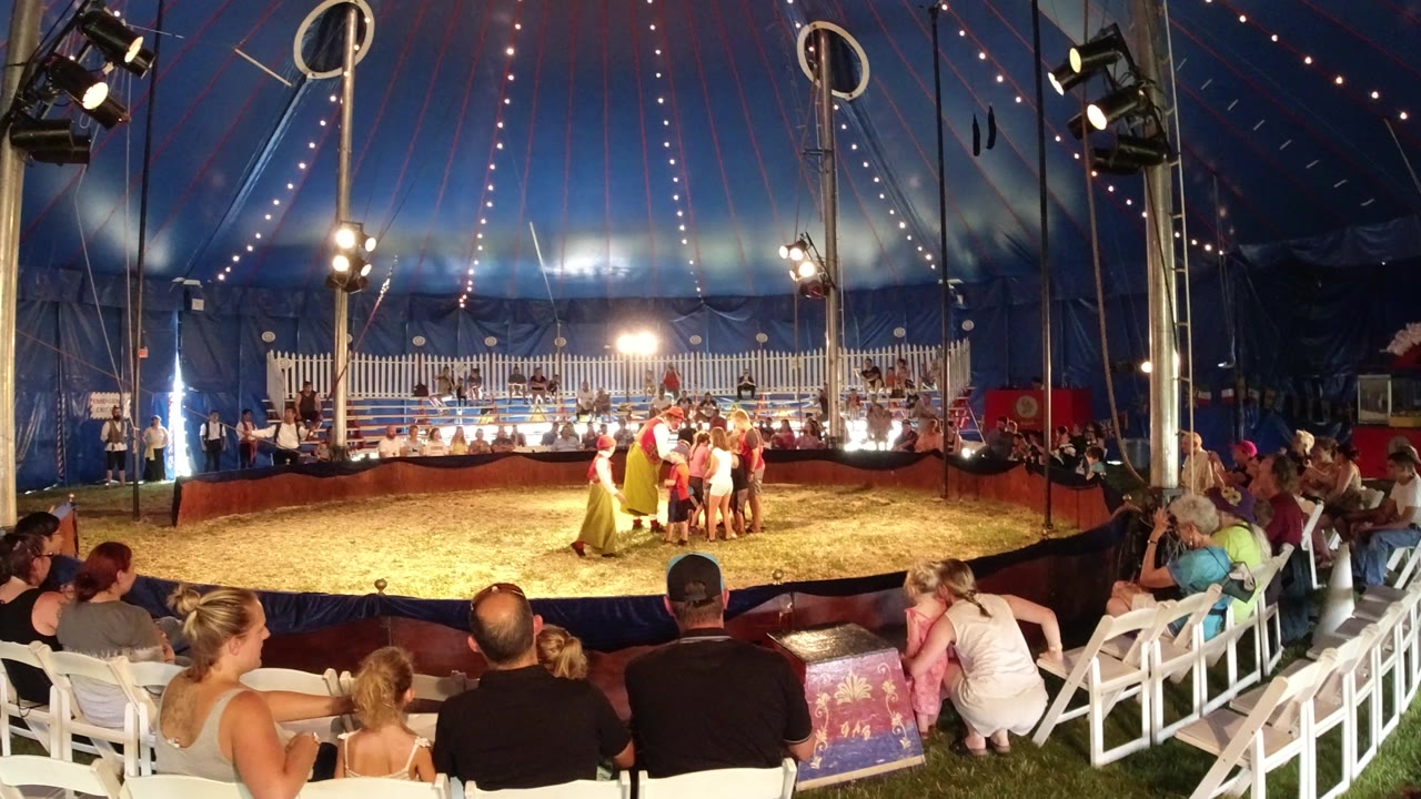 Wide view of spectators watching a circus act inside a blue tent.