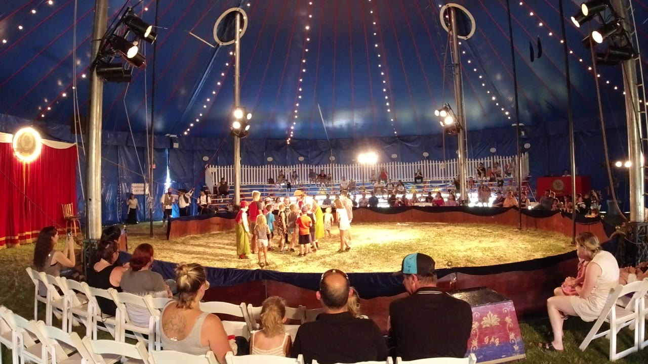 Audience watching children and adults in a circus ring under a blue tent.