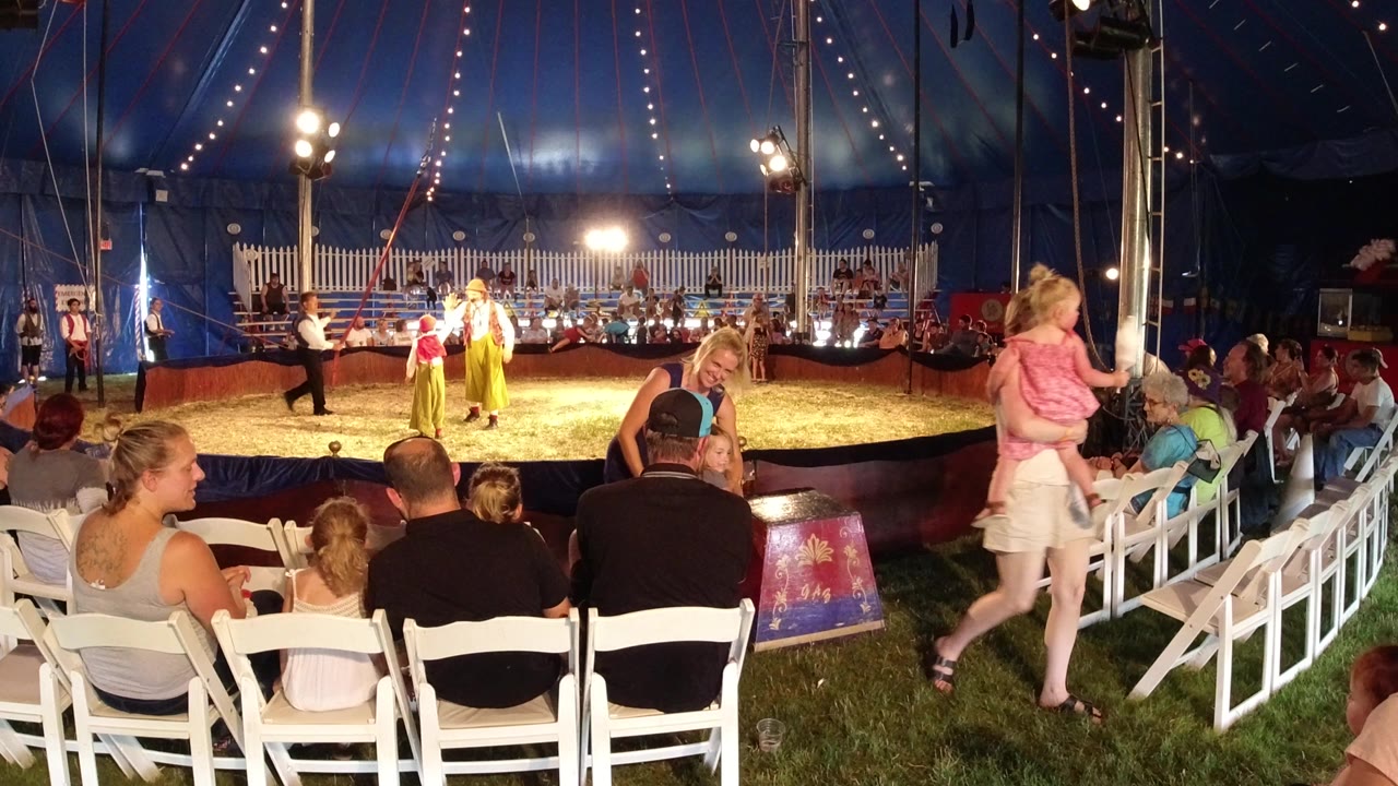 Circus tent audience facing performers in a lit ring.