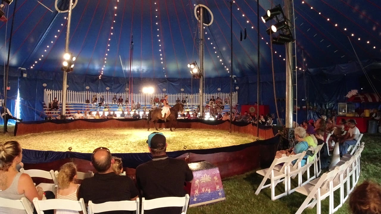 The rider and dark horse move across the lit ring in Broomfield, Colorado, framed by audience heads and white chairs in the foreground.