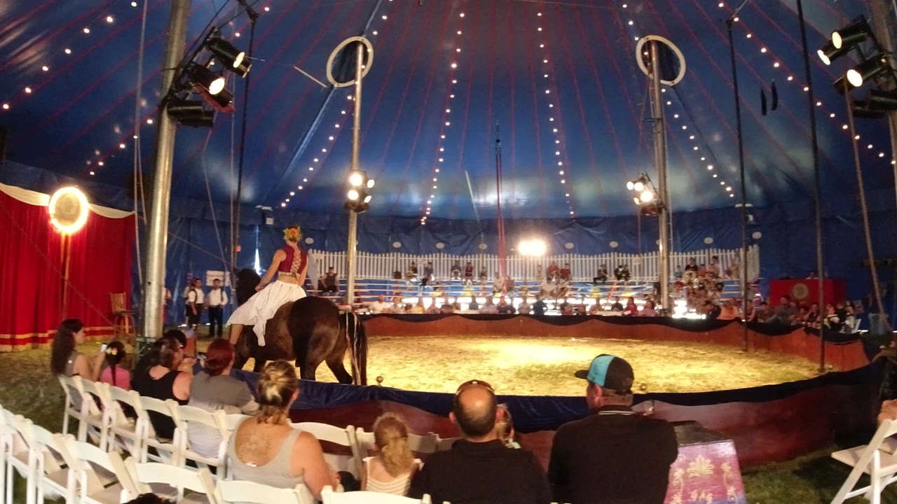 The horse and rider are farther to the right side of the ring in the Broomfield circus tent, with red curtains, bright lamps, tent poles, and seated viewers visible.
