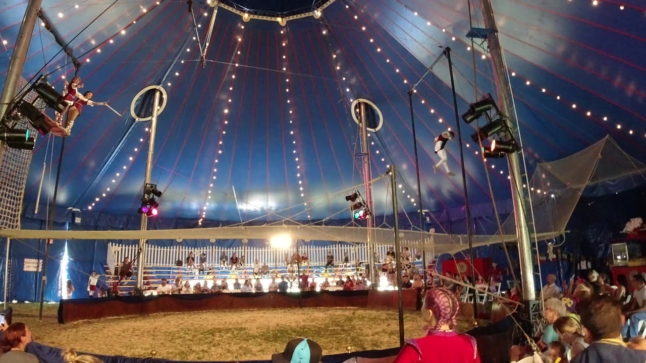 Wide circus tent view with acrobats above an audience.