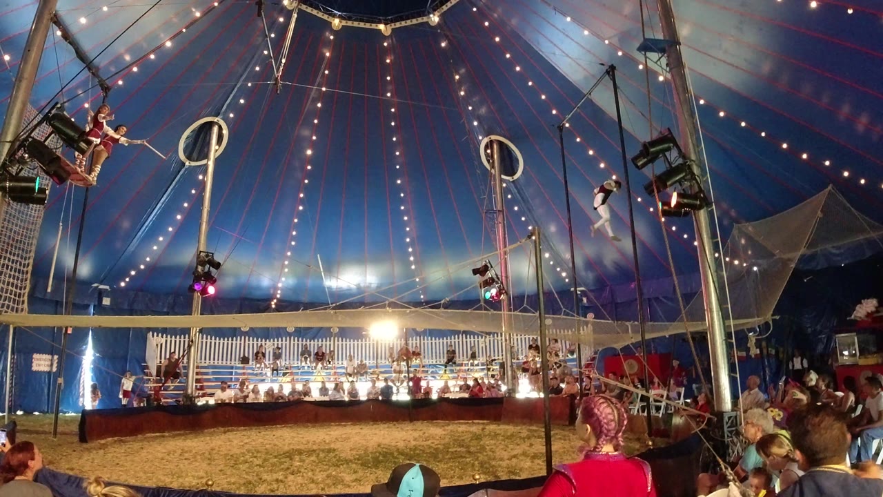 Inside the Broomfield, Colorado big top, performers remain high near a side platform and trapeze-style rig while the audience watches from seats below.