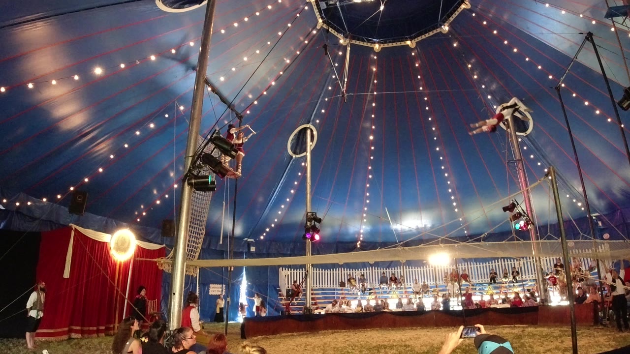 Wide circus tent interior with aerial performers and seated audience.