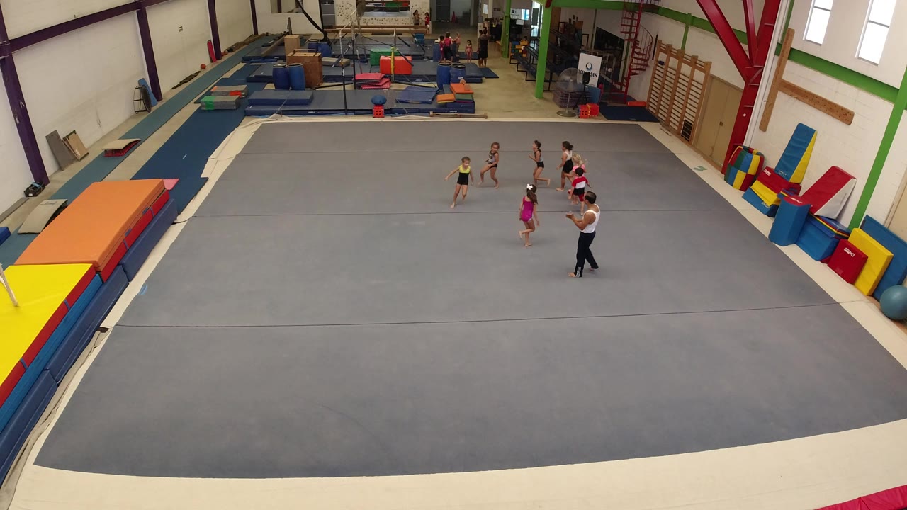 Wide overhead view in a Los Cabos gym with several children and an adult instructor gathered near the center of a large gray gymnastics floor.