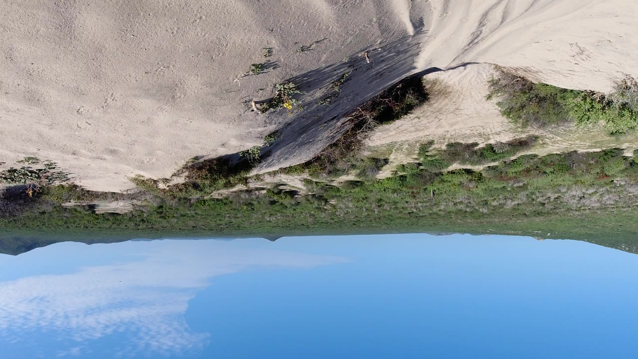 Upside-down sandy terrain with bushes, horizon, and open sky.