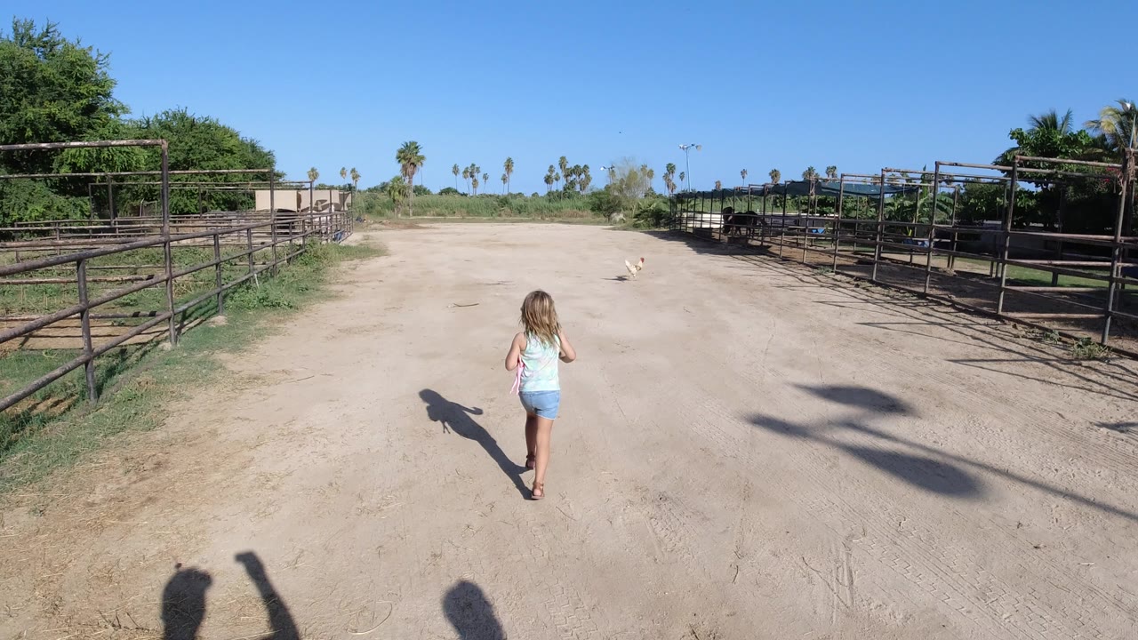 Young girl running away on dry dirt between metal fences.