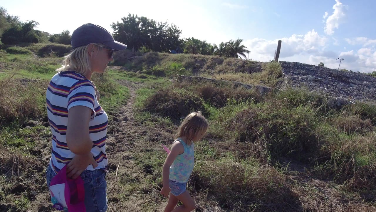 Woman and young child walking through a grassy field.