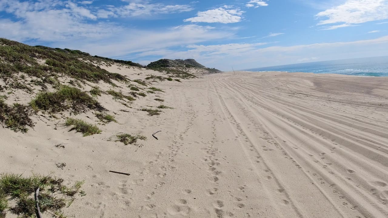 Opening frame of a Los Cabos beach with low dune vegetation at left, tire tracks in pale sand, blue ocean at right, and no visible people.