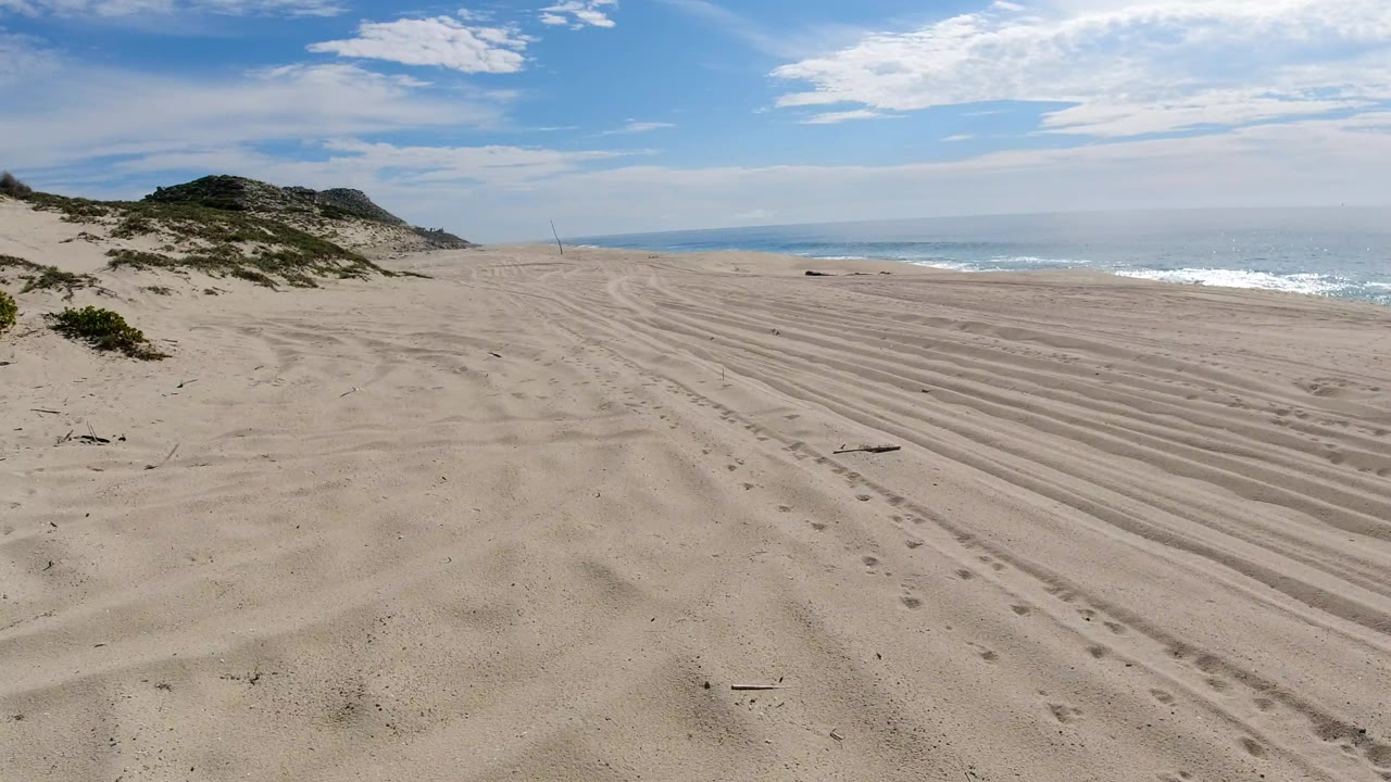 Early frame looking across Los Cabos beach sand with parallel vehicle tracks, dune vegetation on the left, surf on the right, a distant ocean horizon, and no visible people.