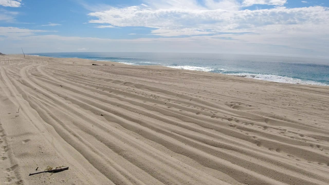 Beach shoreline with deep tire grooves, ocean surf, and sky.