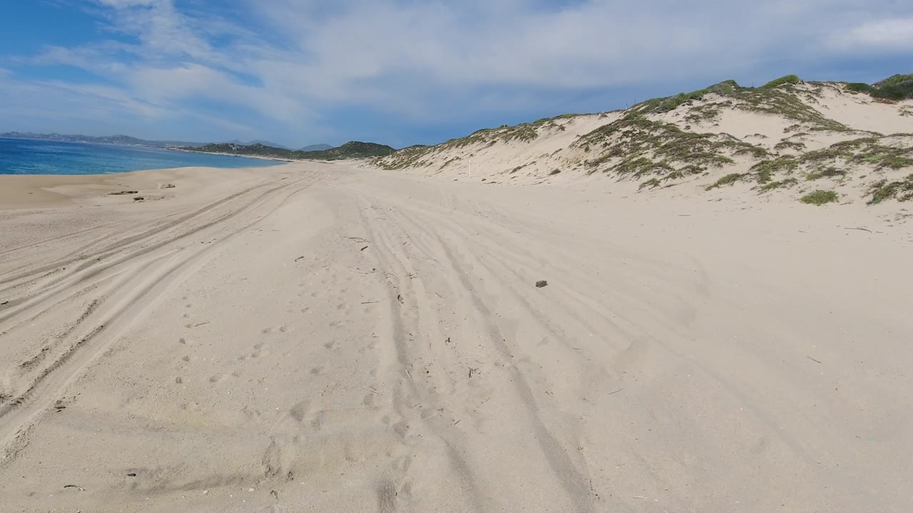 Parallel tire tracks and footprints on a wide empty beach.