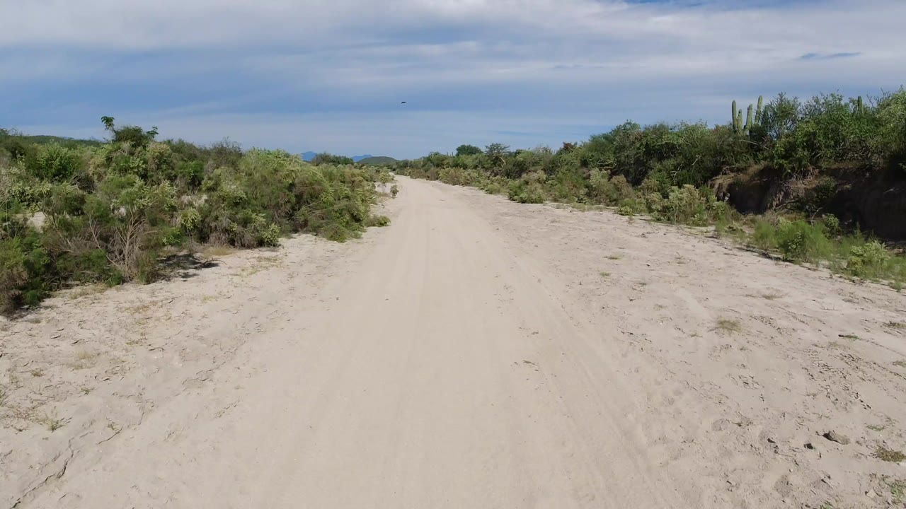 A sandy dirt road in Los Cabos, Mexico runs forward between low green scrub and pale shoulders, with distant hills under cloud-streaked blue sky and no visible people.