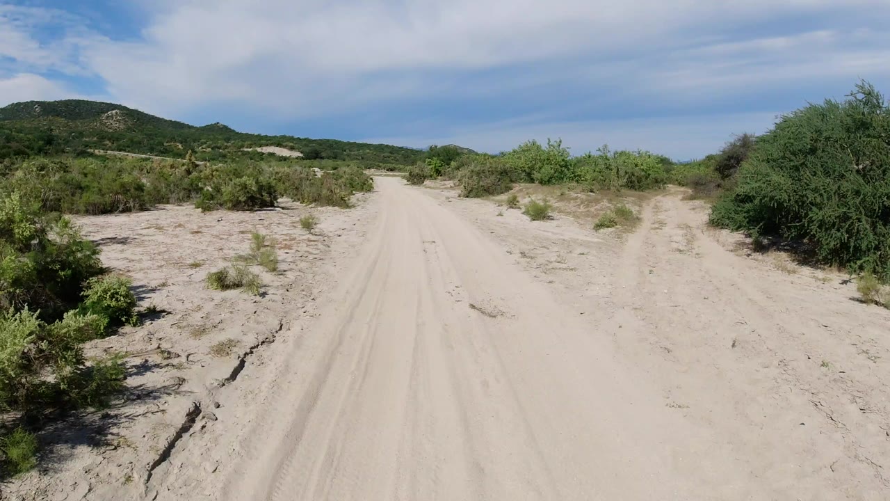 Sandy track through scrub brush beneath a cloudy blue sky.
